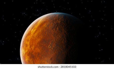 A fantastical planet floats in the depths of space against the backdrop of a boundless starry sky. The detailed surface with fiery hues creates an atmosphere of an unknown world, emphasizing the scale and grandeur of the universe. Suitable for themes related to astronomy, space exploration, and science fiction.