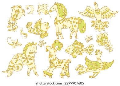 fantastical vector images featuring isolated fairy tale animals, fish, birds, and flowers