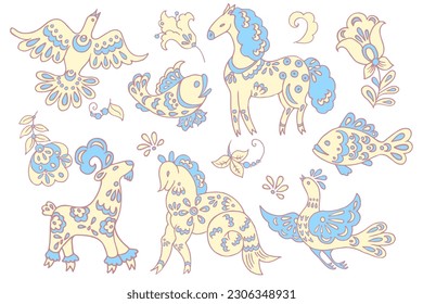 fantastical vector images featuring isolated fairy tale animals, fish, birds, and flowers