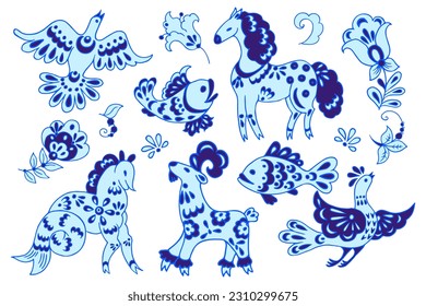 fantastical vector images featuring isolated fairy tale animals, fish, birds, and flowers