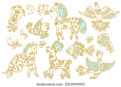 fantastical vector images featuring isolated fairy tale animals, fish, birds, and flowers