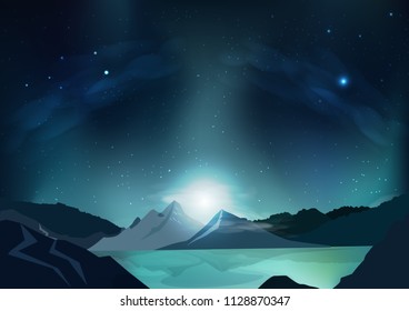 Fantasy abstract background, blue night scene with full moon, falling stars, outside planet, galaxy space concept, stars scatter on milky way, nature landscape vector illustration design