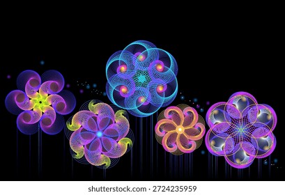 Fundo abstrato da fantasia com flores geométricas. Vintage de círculos matematicamente entrelaçados. Design para saudação, cartaz, papel de parede mural, convite, decoração. Ilustração de vetor desenhada à mão