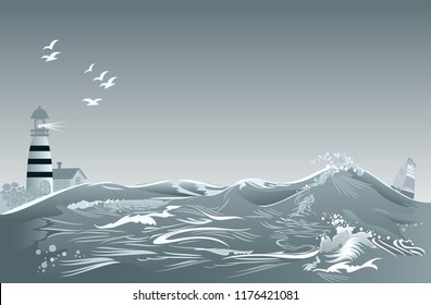 Fantasy abstract background with lighthouse and grey waves. Advertising poster with seascape for maritime company. Vector cartoon image.