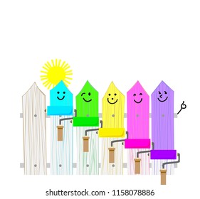 Fantasy abstract background for poster of crafts shop. Illustration of fence and boards painted with roller in different colors. Vector image.