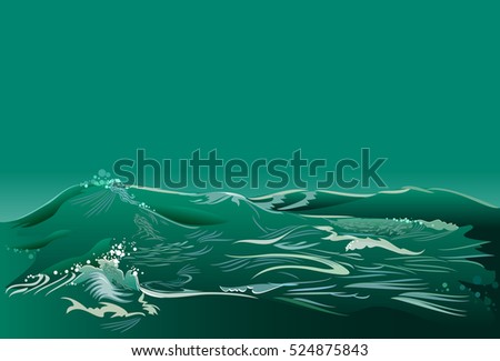 Fantasy abstract background with seascape and green waves, vector image.
