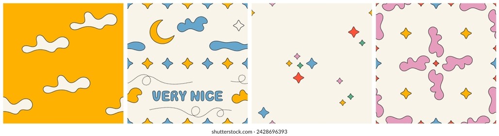 Fantasía abstracta nubes y estrellas sin patrón conjunto. Ilustración vectorial groovy abstracto fondo repetible