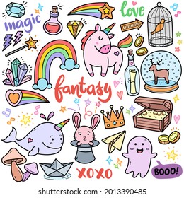 Fantasy abstract concepts, colorful graphics elements and illustrations. Fantasy related vector art such as unicorn, whale, rabbit, magic wand, cute ghost are included in this doodle cartoon set.