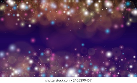 Fantasy Abstract Defocused Light Spot Background Design. Christmas snowfall Vector Horizontal Illustration. Cosmic Print. Glitter confetti. Good for Banners, Posters, Covers, Flyers, Cards.