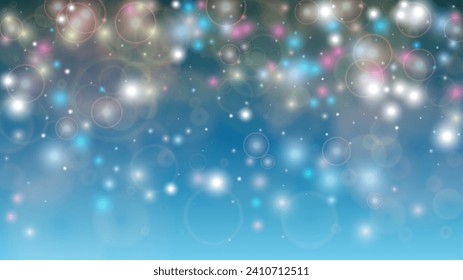 Fantasy Abstract Defocused Light Spot Background Design. Christmas snowfall Vector Horizontal Illustration. Cosmic Print. Glitter confetti. Good for Banners, Posters, Covers, Flyers, Cards.