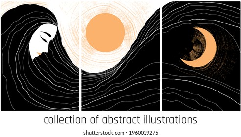 fantasy abstract illustration in black, gold and white colours with female stylized  portrait, landscape sun and moon