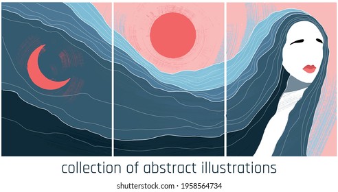 ilustración abstracta de fantasía en colores rojo y azul con hembra, sol paisajista y luna