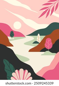 Fantasy abstract nature. Mountains near river and sunrise. Minimalistic creativity and art. East asian culture. Flyer and booklet. Poster or banner for website. Flat vector illustration