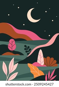 Fantasy abstract nature. Pink mountains with leaves at night. Evening landscape with hills and plants in moonlight. Minimalistic creativity and art. East asian culture. Flat vector illustration