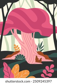 Fantasy abstract nature. Pink tree with leaves. Landscape of mysterious forest. Minimalistic creativity and art. East asian culture. Social networks cover. Flat vector illustration