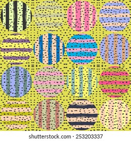 Fantasy abstract seamless pattern made with ink. Vector illustration. Colorful modern background. Fantasy backdrop with strips, dots and circles.Retro design. 