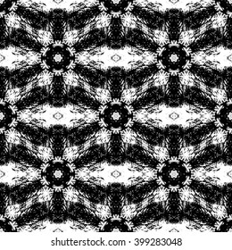 Fantasy abstract seamless pattern made with ink. Monochrome grunge textured cover.  Black and white modern freehand background with destroyed ornament. Vector illustration.