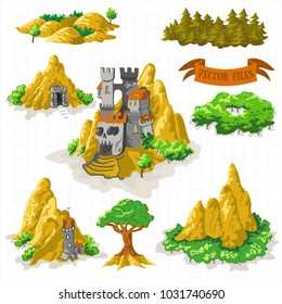 Fantasy Adventure map elements and colorful doodle hand draw in vector illustration isolated on white background