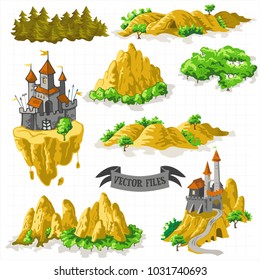 Fantasy Adventure map elements and colorful doodle hand draw in vector illustration isolated on white background