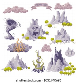 Fantasy Adventure map elements and colorful doodle hand draw in vector illustration isolated on white background