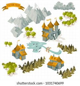 Fantasy Adventure map elements and colorful doodle hand draw in vector illustration isolated on white background