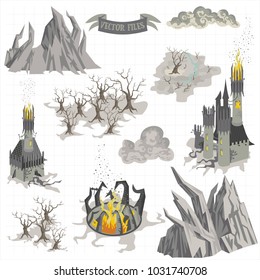 Fantasy Adventure map elements and colorful doodle hand draw in vector illustration isolated on white background