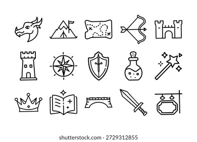 Fantasy Adventure and RPG Gaming Line Icon Set - Magia Medieval, Mapa da Missão, Defesa do Reino e Símbolos de Equipamentos de Guerreiro