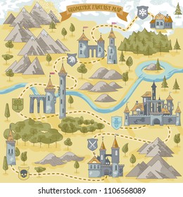 Fantasy Adventure simple map elements of geometric line art style in vector illustration format