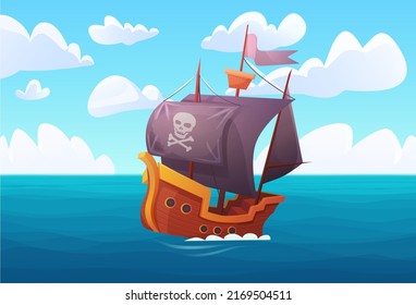 Fantasy adventure of wooden ship with pirate flag in sea harbor vector illustration. Cartoon sea landscape with buccaneers old galleon travel, search of golden treasure by corsairs background svg