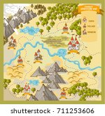 Fantasy Advernture map elements with colorful doodle hand draw in vector illustration