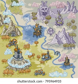 Fantasy Advernture Map Elements With Colorful Doodle Hand Draw In Vector Illustration - Map3 Part2