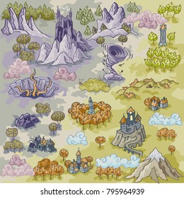 Fantasy Advernture Map Elements With Colorful Doodle Hand Draw In Vector Illustration - Map3 Part1