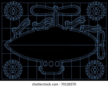 Fantasy Airship Blueprint Gears, Flags Outline On Grid editable vector illustration