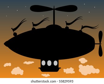 Fantasy Airship flying above clouds at dusk Outline of fantasy blimp like ship hovering in sky as day turns to night editable vector illustration