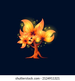 Fantasy alien fairy tree, vector magic plant with unusual flowers and glowing sparks. Fantastic nature element for computer game or fairytale book, isolated strange wood tree cartoon object