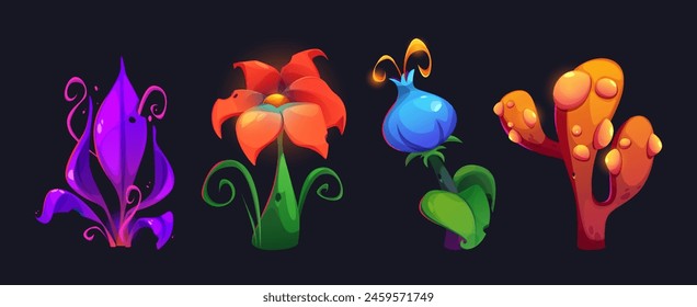 Fantasy alien flower. Magic forest plant game set. Fairy tale isolated asset for fantastic wonderland nature landscape. Unusual flora collection. Ui psychedelic jungle planet botany element.