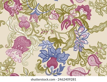 Fantasy, alien flowers, decorative flowers and leaves. Cartoon style. Millefleurs trendy floral design. Seamless pattern, background. Vector illustration.