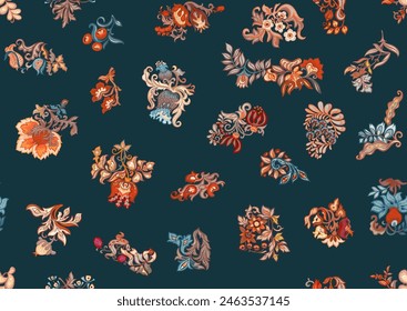 Fantasy, alien flowers, decorative flowers and leaves. Cartoon style. Millefleurs trendy floral design. Seamless pattern, background. Vector illustration.