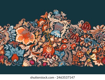 Fantasy, alien flowers, decorative flowers and leaves. Cartoon style. Millefleurs trendy floral design. Seamless pattern, background. Vector illustration.