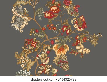 Fantasy, alien flowers, decorative flowers and leaves. Cartoon style. Millefleurs trendy floral design. Seamless pattern, background. Vector illustration.