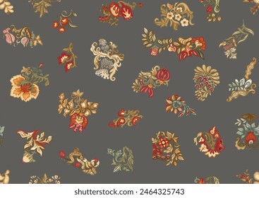Fantasy, alien flowers, decorative flowers and leaves. Cartoon style. Millefleurs trendy floral design. Seamless pattern, background. Vector illustration.