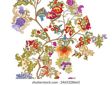Fantasy, alien flowers, decorative flowers and leaves. Cartoon style. Millefleurs trendy floral design. Seamless pattern, background. Vector illustration.