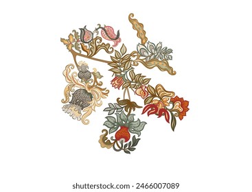 Fantasy, alien flowers, decorative flowers and leaves. Cartoon style. Millefleurs trendy floral design. Clip art, set of elements for design Vector illustration.