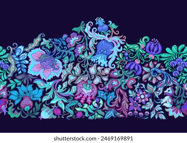 Fantasy, alien flowers, decorative flowers and leaves. Cartoon style. Millefleurs trendy floral design. Seamless pattern, background. Vector illustration.
