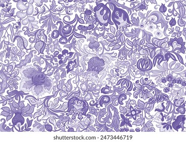 Fantasy, alien flowers, decorative flowers and leaves. Cartoon style. Millefleurs trendy floral design. Seamless pattern, background. Vector illustration.