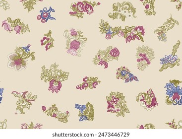 Fantasy, alien flowers, decorative flowers and leaves. Cartoon style. Millefleurs trendy floral design. Seamless pattern, background. Vector illustration.