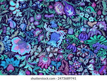 Fantasy, alien flowers, decorative flowers and leaves. Cartoon style. Millefleurs trendy floral design. Seamless pattern, background. Vector illustration.