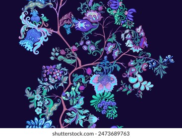 Fantasy, alien flowers, decorative flowers and leaves. Cartoon style. Millefleurs trendy floral design. Seamless pattern, background. Vector illustration.
