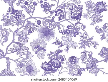 Fantasy, alien flowers, decorative flowers and leaves. Cartoon style. Millefleurs trendy floral design. Seamless pattern, background. Vector illustration.