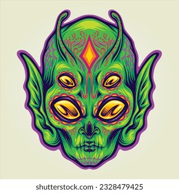 Fantasy alien head in sugar skull day of the dead vector illustrations for your work logo, merchandise t-shirt, stickers and label designs, poster, greeting cards advertising business 